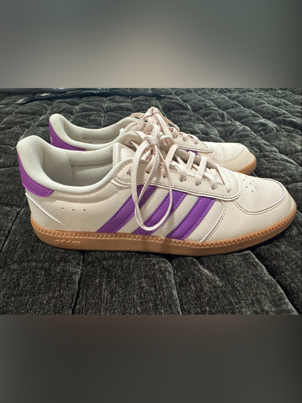 adidas Cream Cloudfoam Sneakers with Purple Stripes and Gum Sole